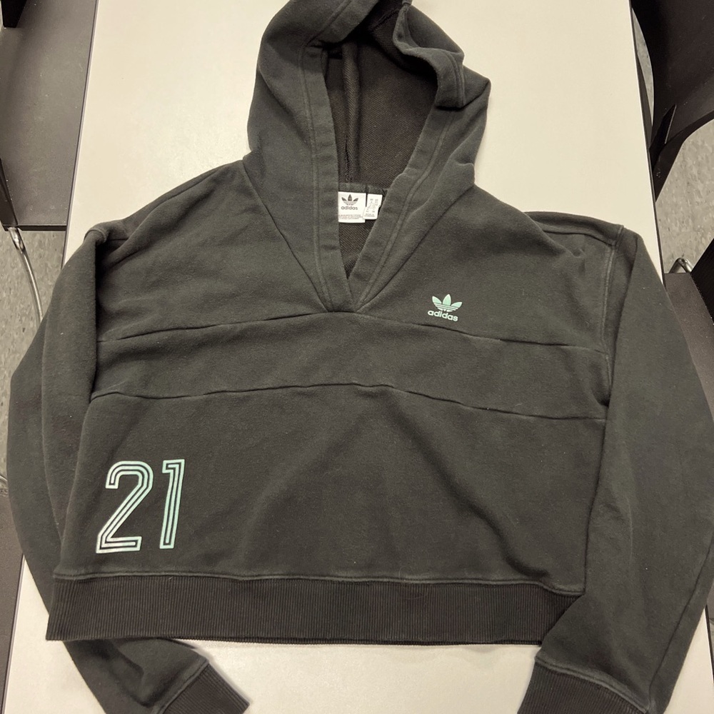 Adidas Sweatshirt Women's X Small Black Cropped Hoodie Logo Sweater V Neck